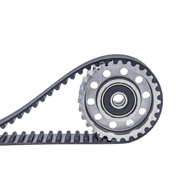 Ein schwarzer Gummizahnriemen umschließt passgenau ein metallisches Zahnrad, das in der Mitte mit einem Kugellager ausgestattet ist.